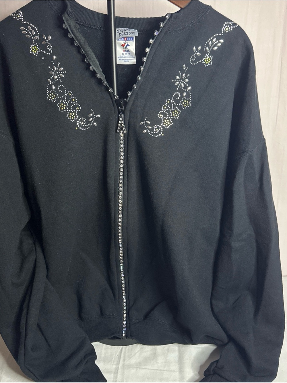 Embellished Black Crewneck Zip Sweater with Rhinestone Trim